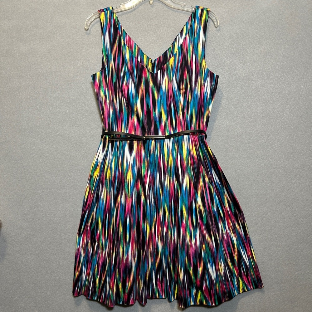 Ellen Tracy Women 12 A-Line Dress Multicolor Abstract V-Neck Party Cocktail